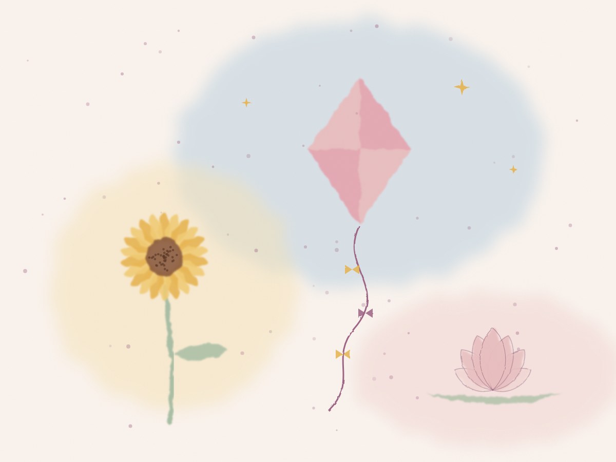 Illustrazione ad acquerello: un aquilone rosa e un girasole