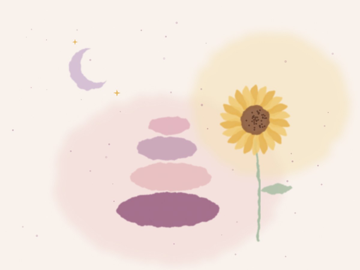 Illustrazione ad acquerello: sassi in equilibrio e un girasole