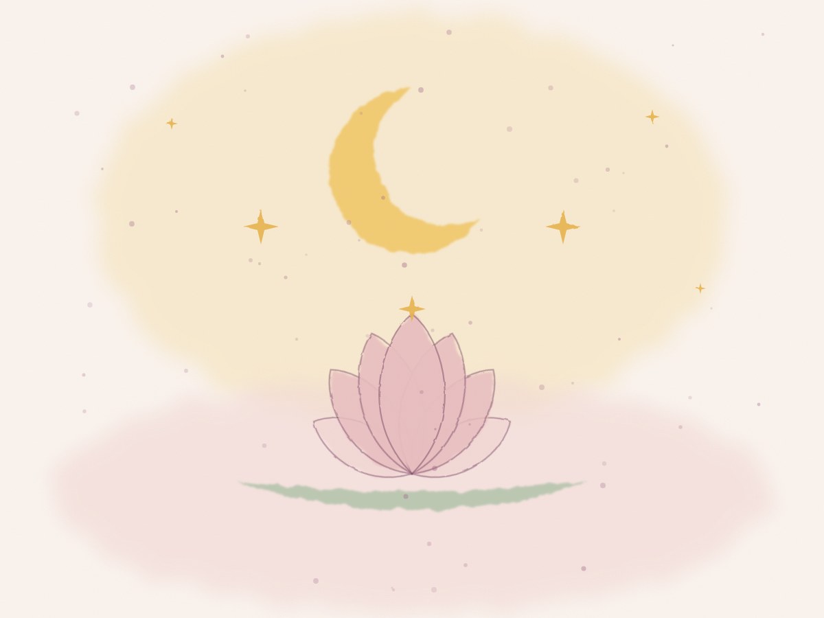 Illustrazione ad acquerello: un fiore di loto sotto una luna dorata e tre stelle